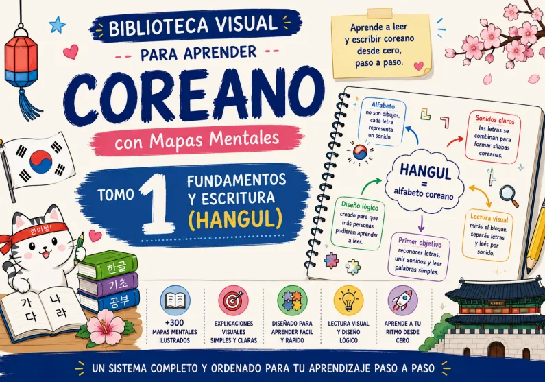 Portada del Tomo 1 de la Biblioteca Visual para Aprender Coreano: Fundamentos y Escritura (Hangul)